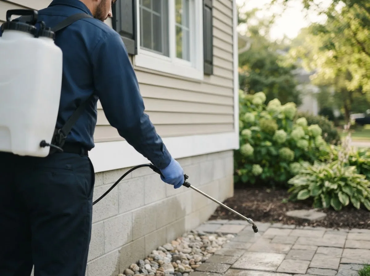 Pest control technician inspecting a home in Harper Woods, MI